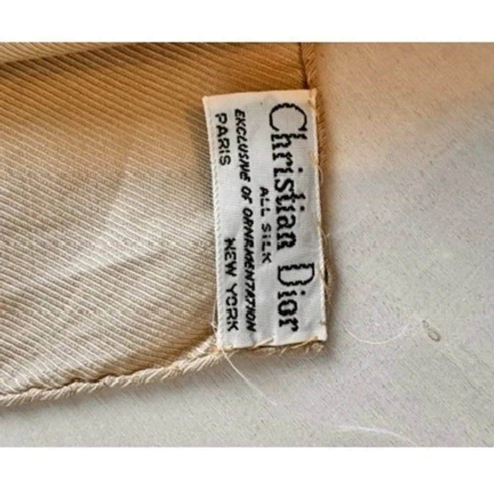 Christian Dior Silk Scarf Champagne Beige Ribbed Embroidered Logo Made in France